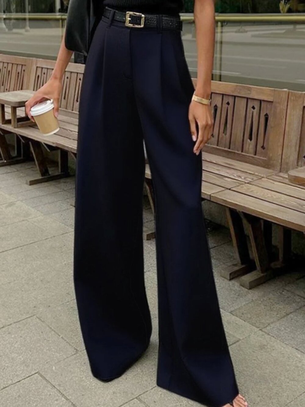 COMMENSE NWT Dark Navy Pleated Wide Leg Trousers Pants Size S